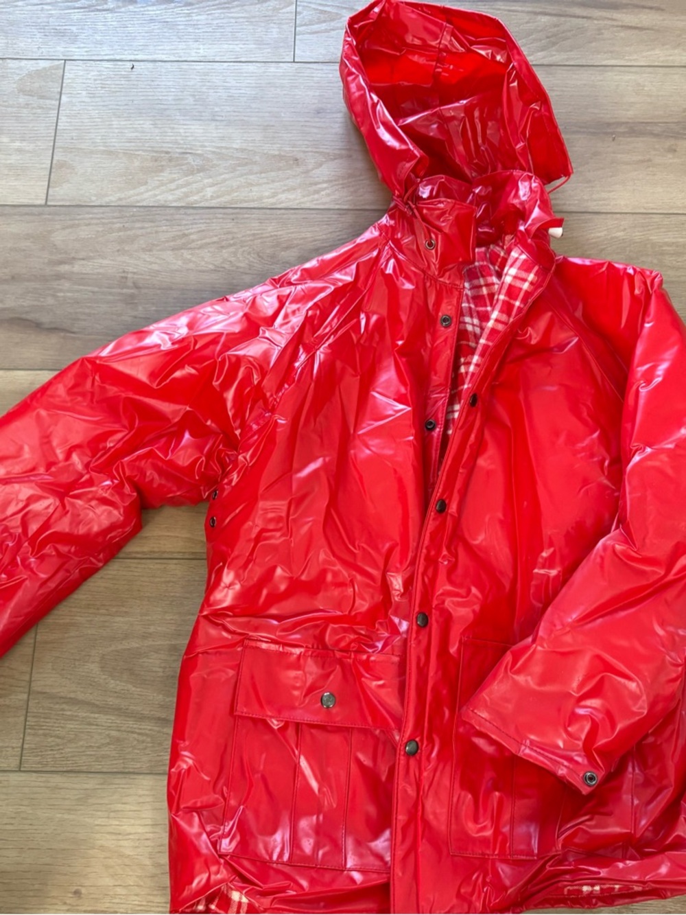 Vintage Duck Bay Label Red Hunting Fishing Flanneled Medium Rain Jacket w/ Hood